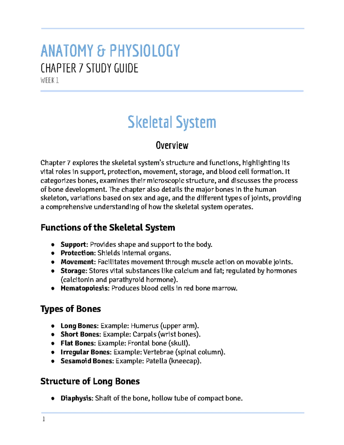 ANATOMY 2470 - Chapter 7 Study Guide: The Skeletal System Overview ...