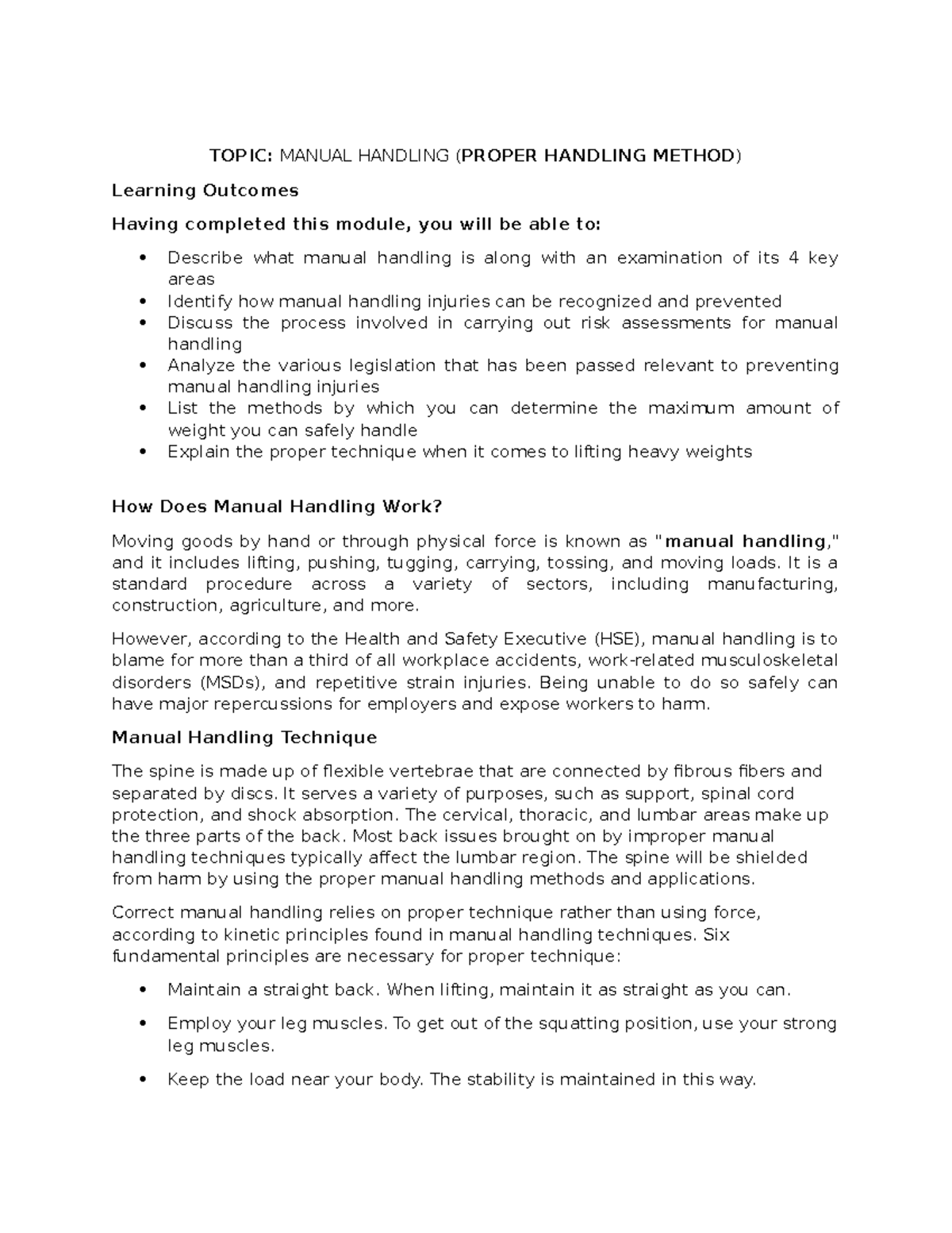 Manual Handling Techniques - Essential Guide for Safe Practices - Studocu