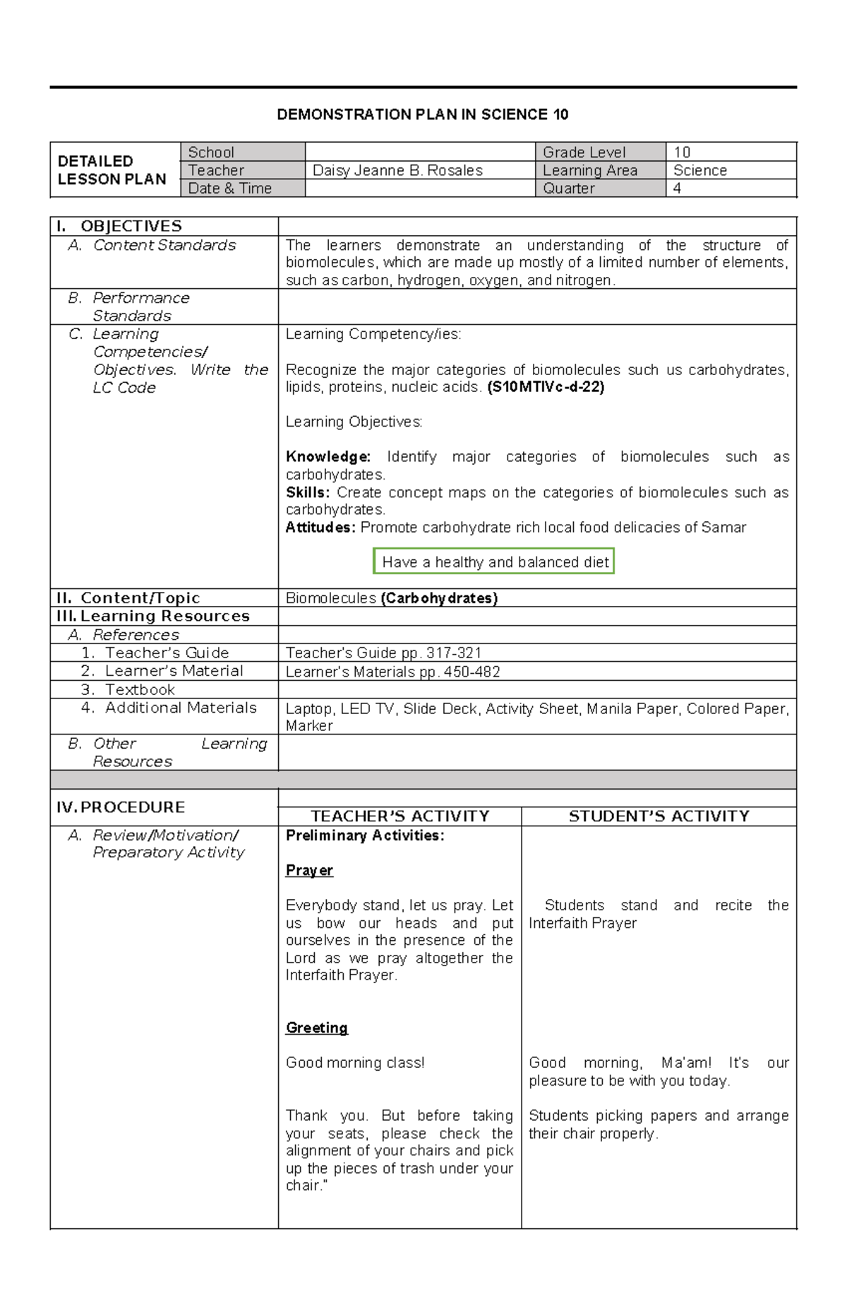 Science 10 Detailed Lesson Plan: Understanding Biomolecules and ...