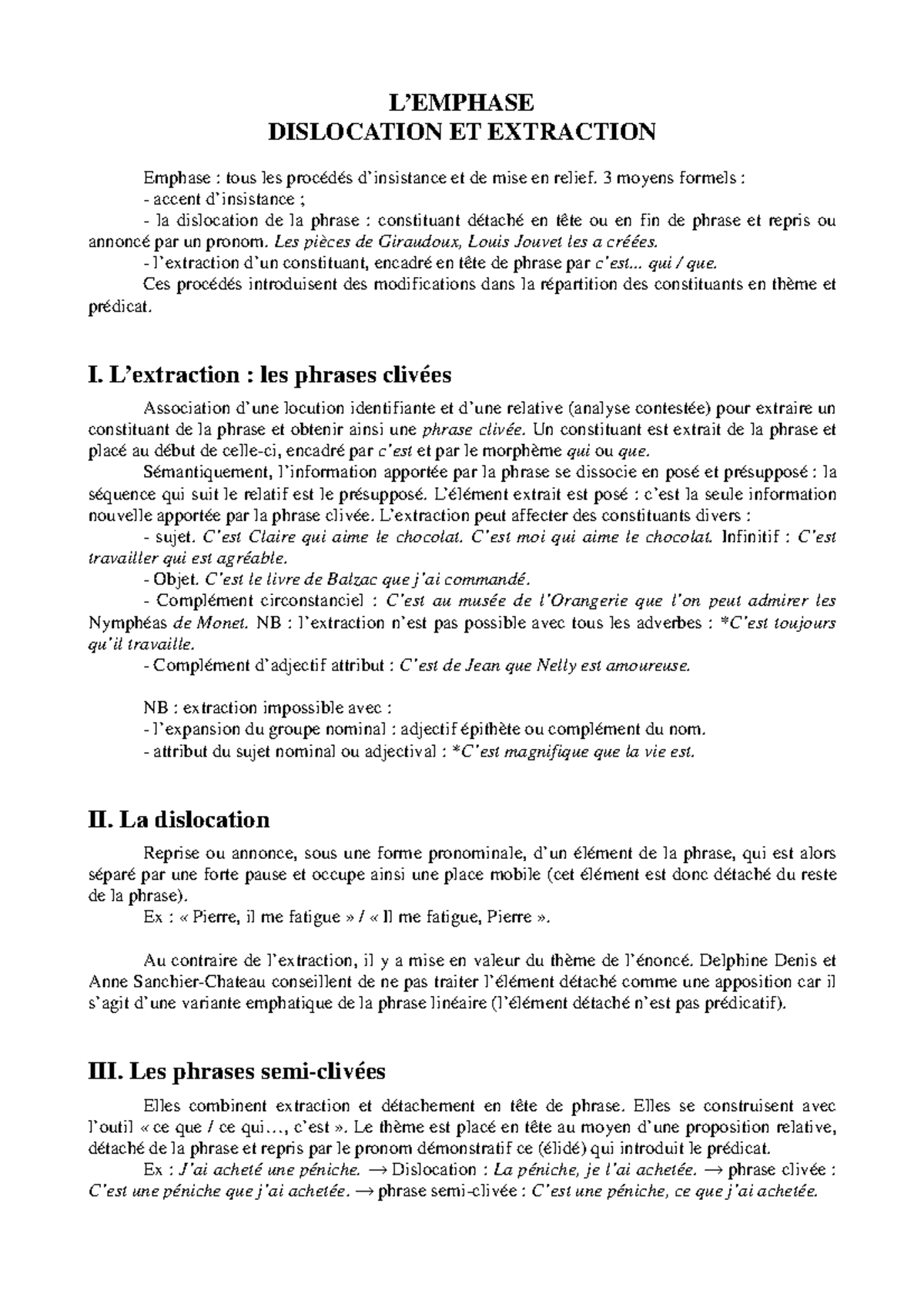 Fiche Emphase : Dislocation et Extraction en Syntaxe Française - Studocu