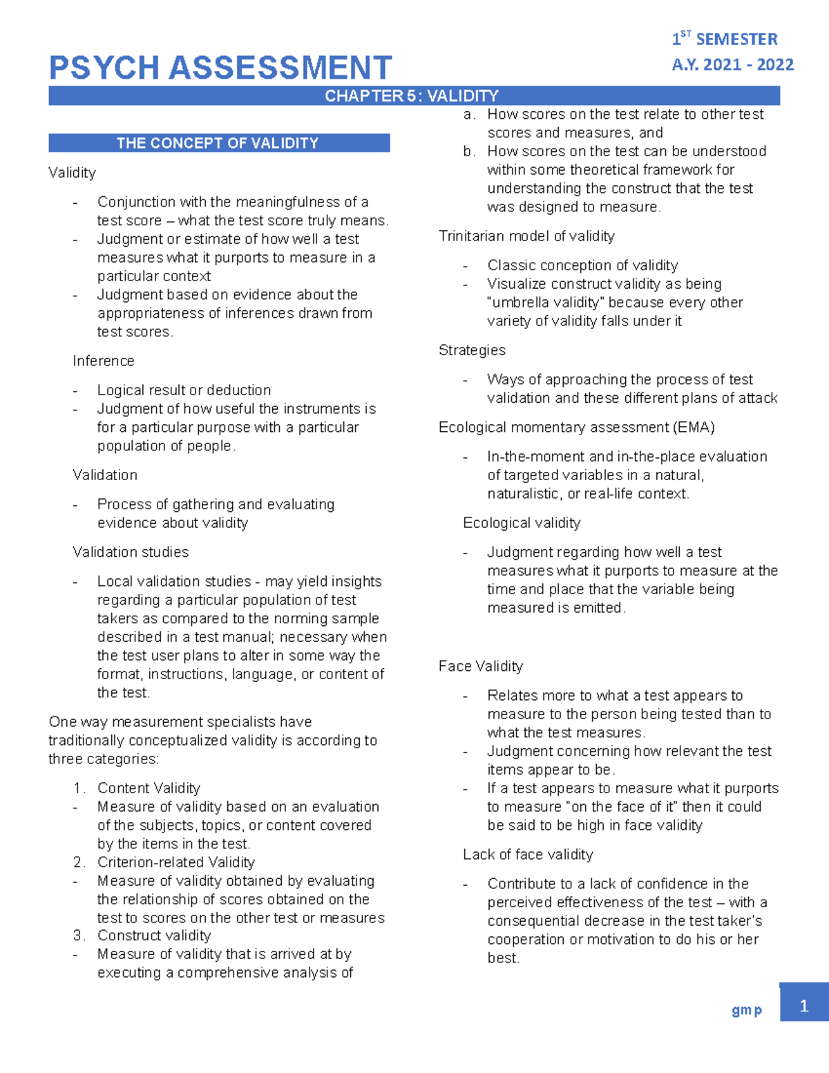 Assessment Trans - Chapter 5 Validity Overview and Insights - Studocu