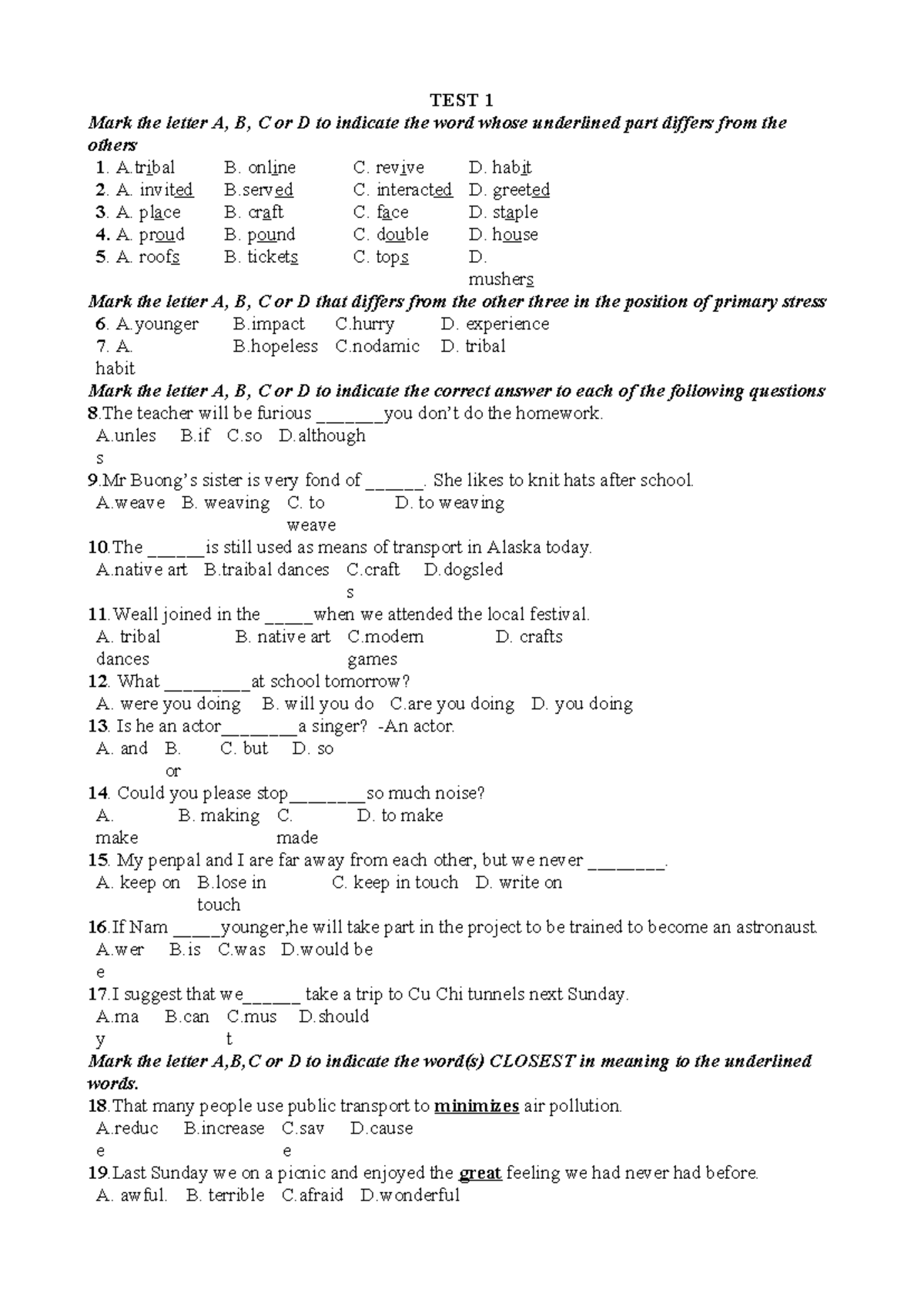 TEST 1: Multiple Choice Questions on Vocabulary and Grammar - Studocu