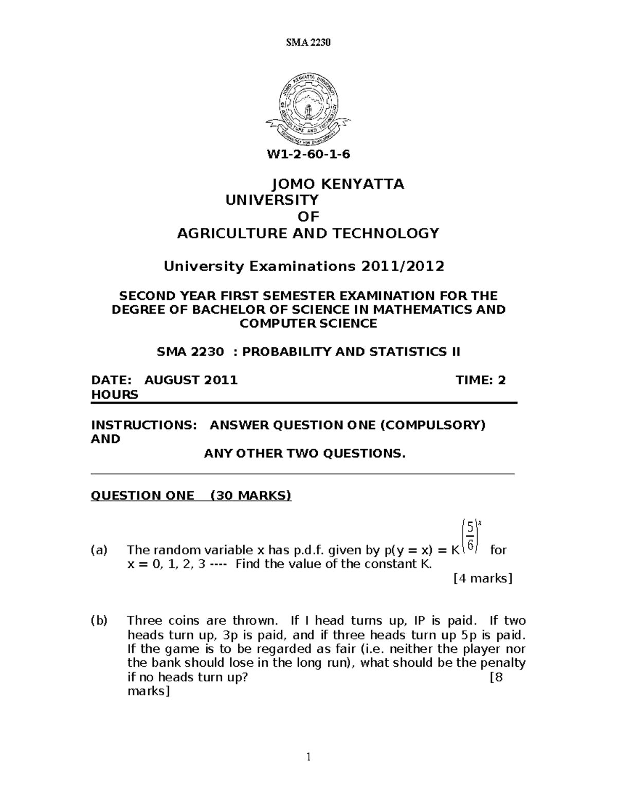 SMA 2230 ( Karen) - Exam paper - W1-2-60-1- JOMO KENYATTA UNIVERSITY OF ...