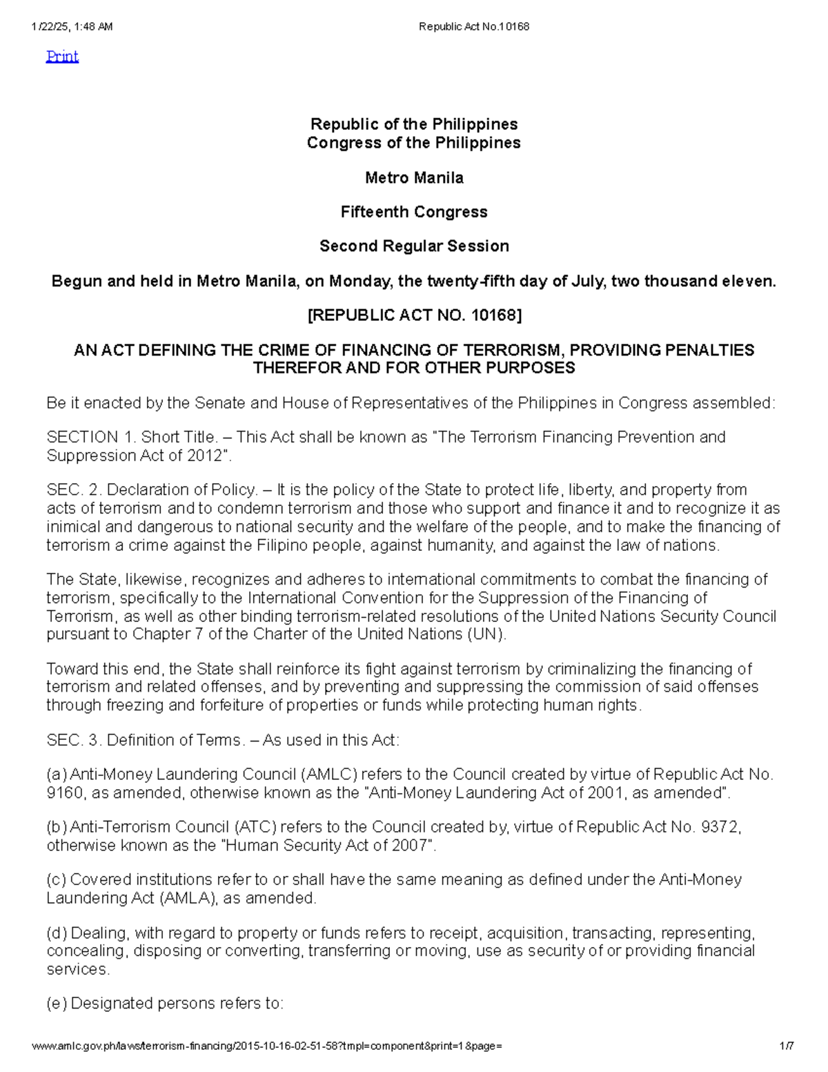 Republic Act No. 10168: Terrorism Financing Prevention Act Overview ...