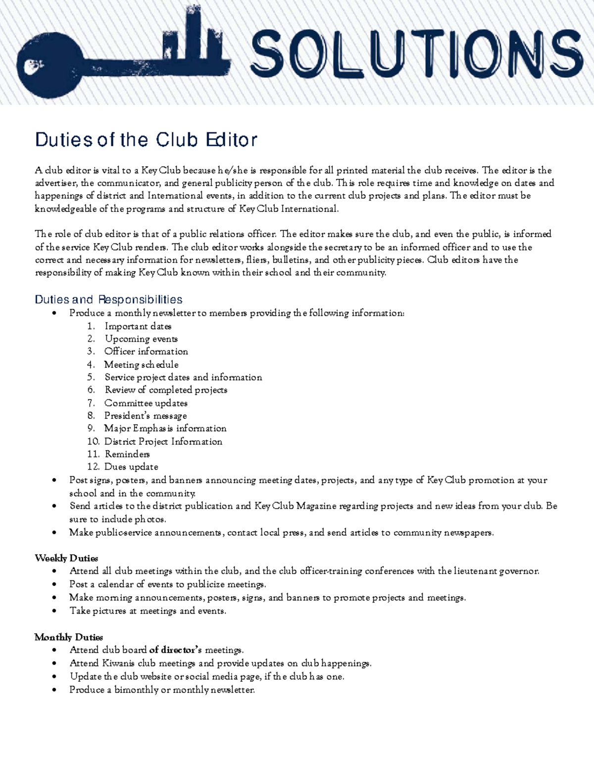 Key Club Editor Duties and Responsibilities: Essential Guide - Studocu