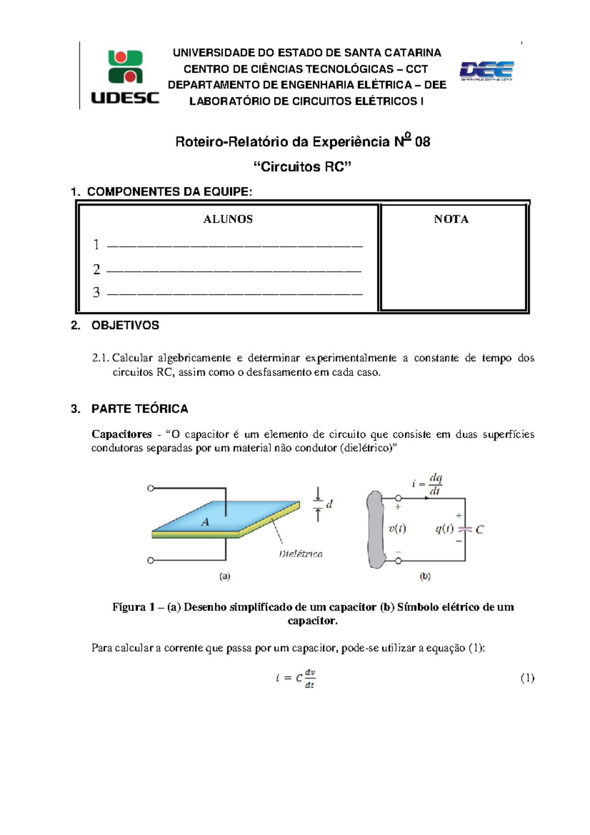 Relatório da Experiência 08: Circuitos RC - CCT/DEE - Document Preview