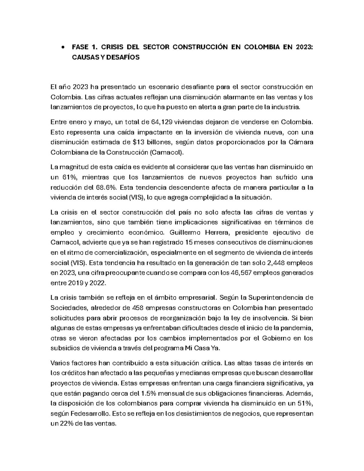 FASE 1: CRISIS DEL SECTOR CONSTRUCCIÓN EN COLOMBIA 2023 - CAUSAS Y ...