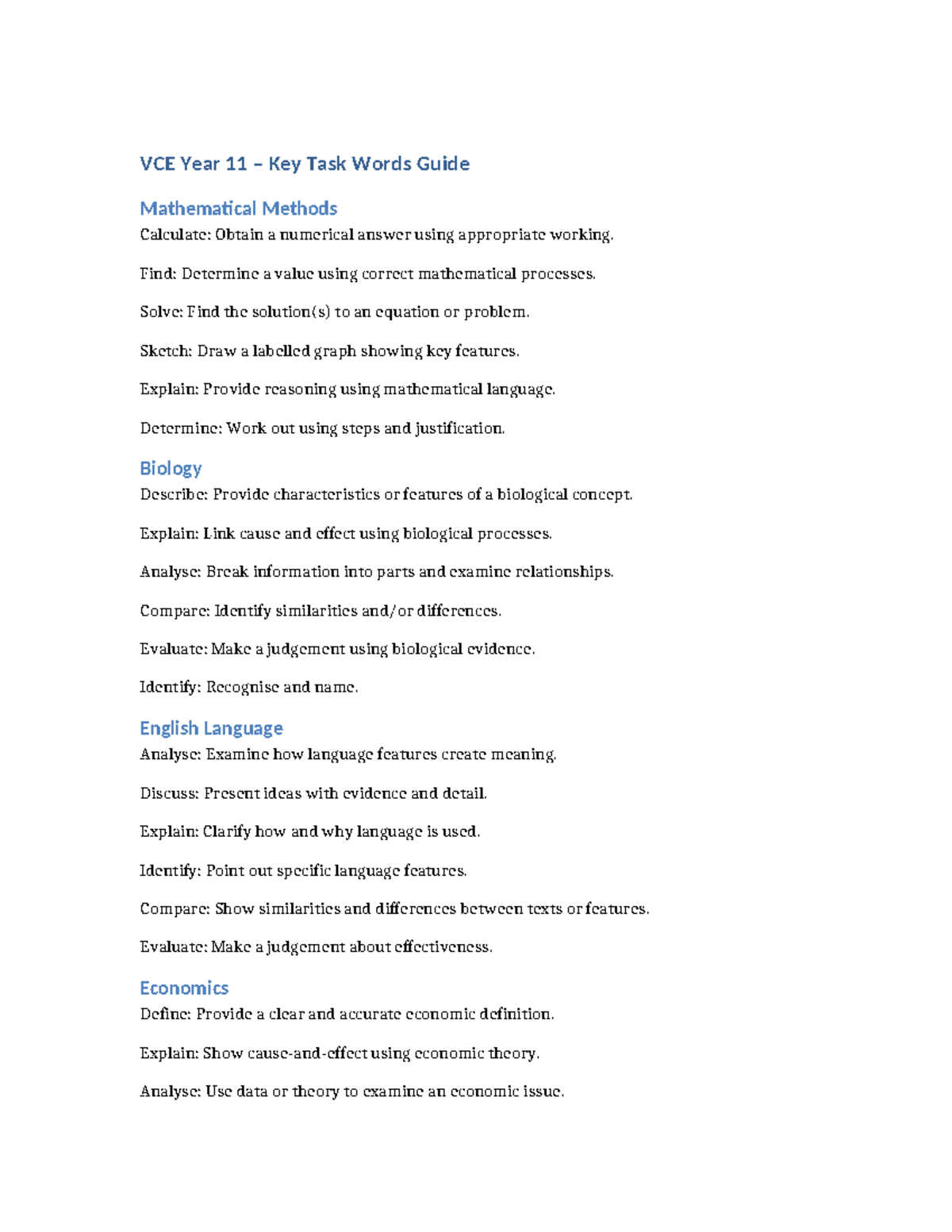 VCE Year 11 Key Task Words Guide for Maths, Bio, English, & Econ - Studocu