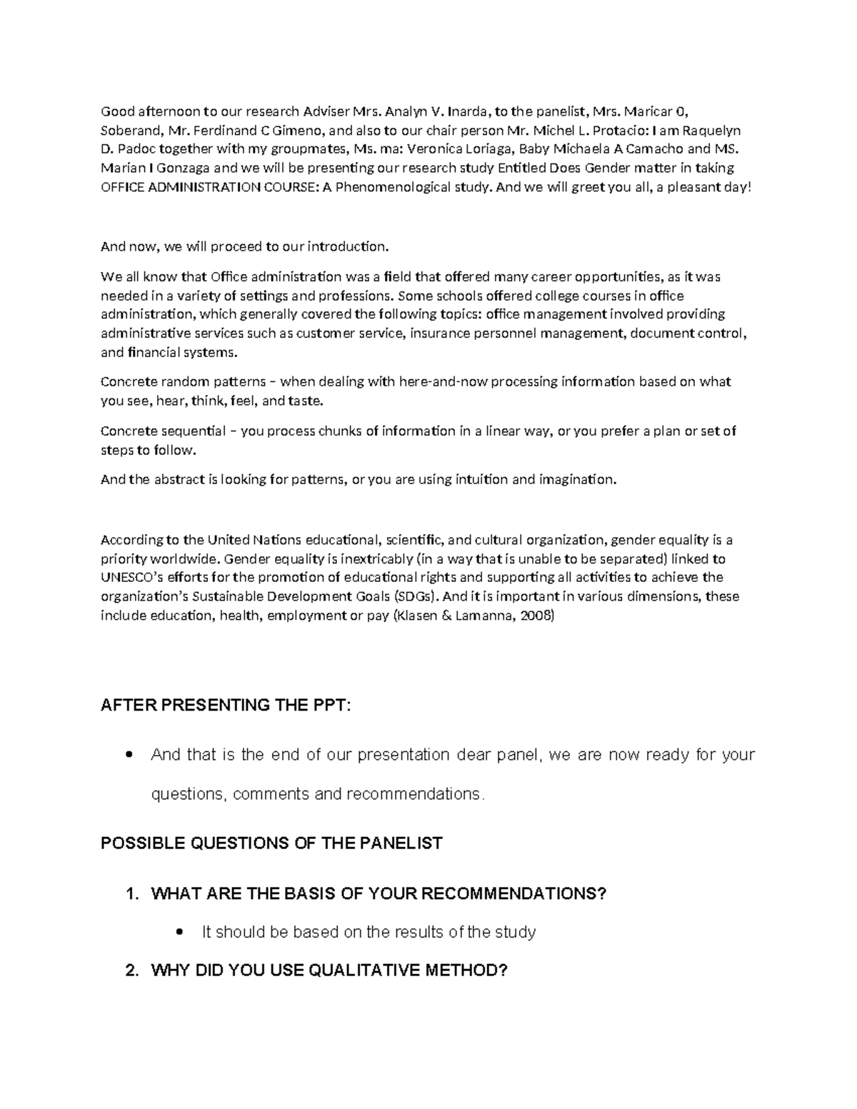 Possible Questions from Panelists: Insights on Gender in Office Admin ...