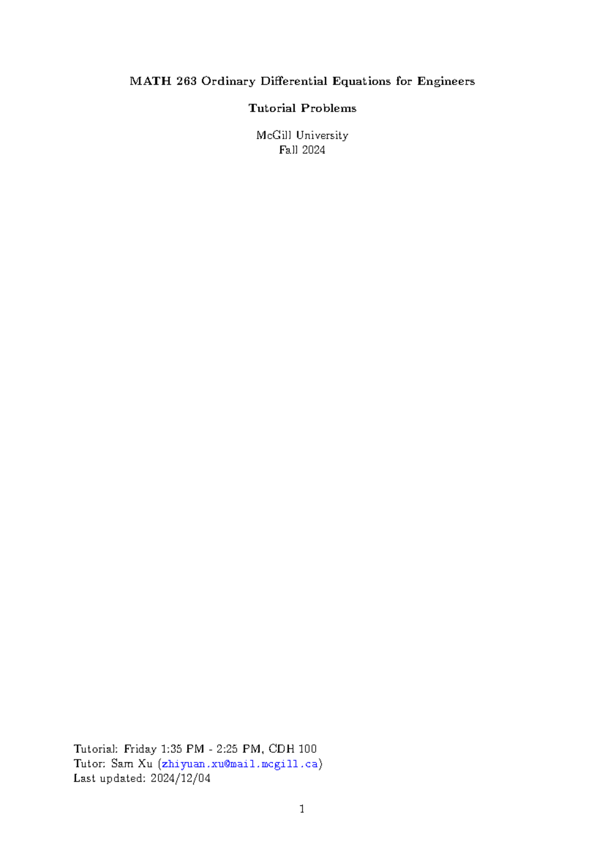 MATH 263 Tutorial Problems for Ordinary Differential Equations - Studocu
