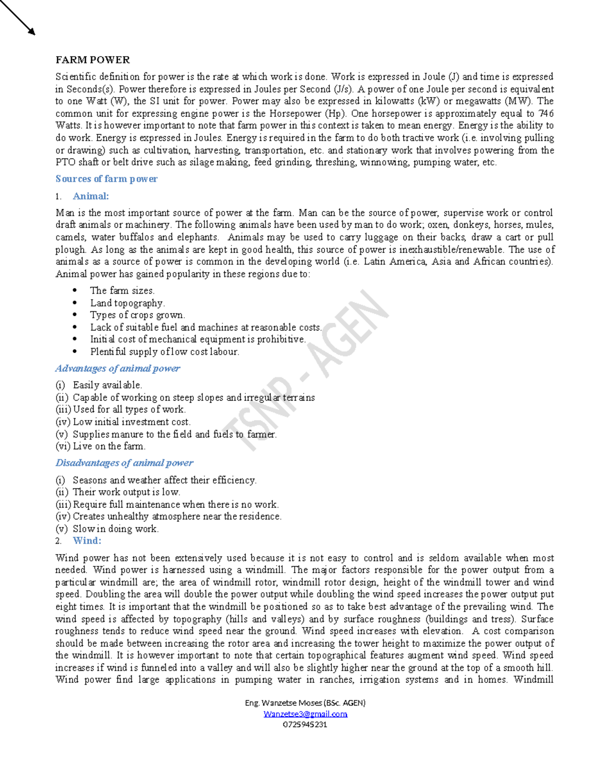 Agricultural Engineering Notes (BSc. AGEN) - Farm Power Overview - Studocu
