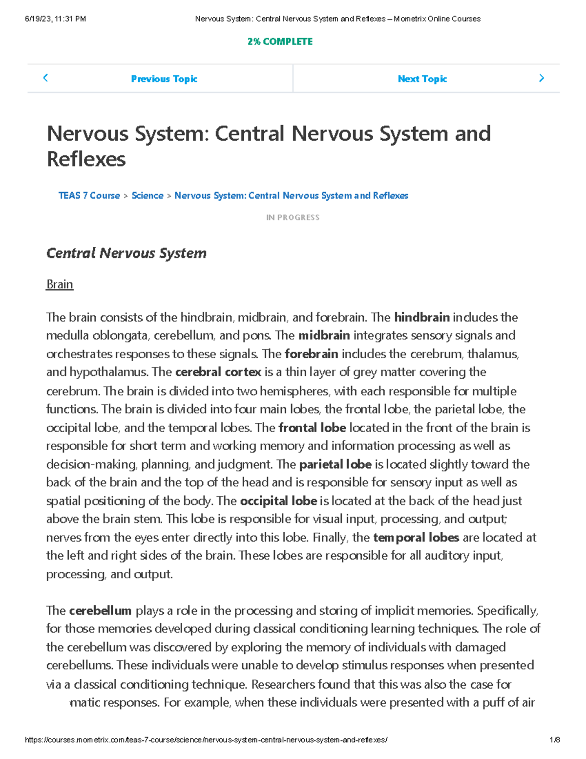 TEAS 7 Study Notes: Central Nervous System & Reflexes Overview - Studocu