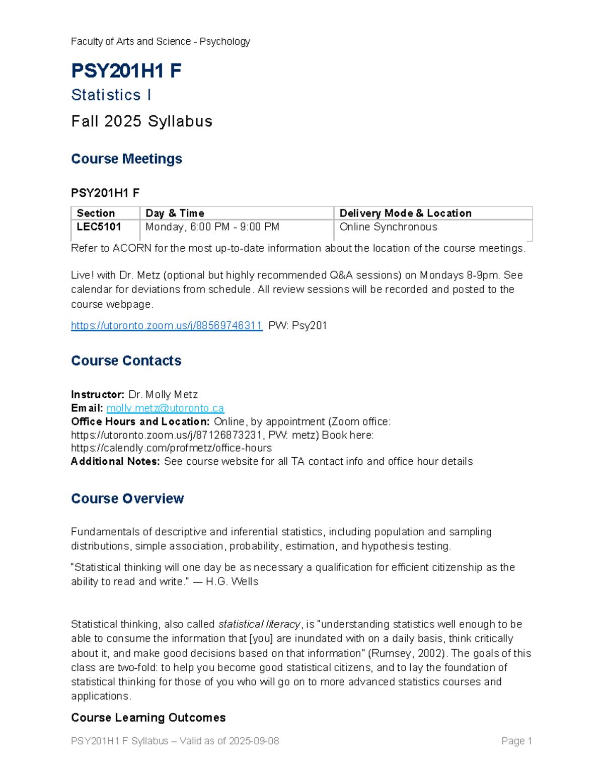 PSY201H1 F Statistics I Fall 2025 Syllabus by Dr. Metz - Studocu