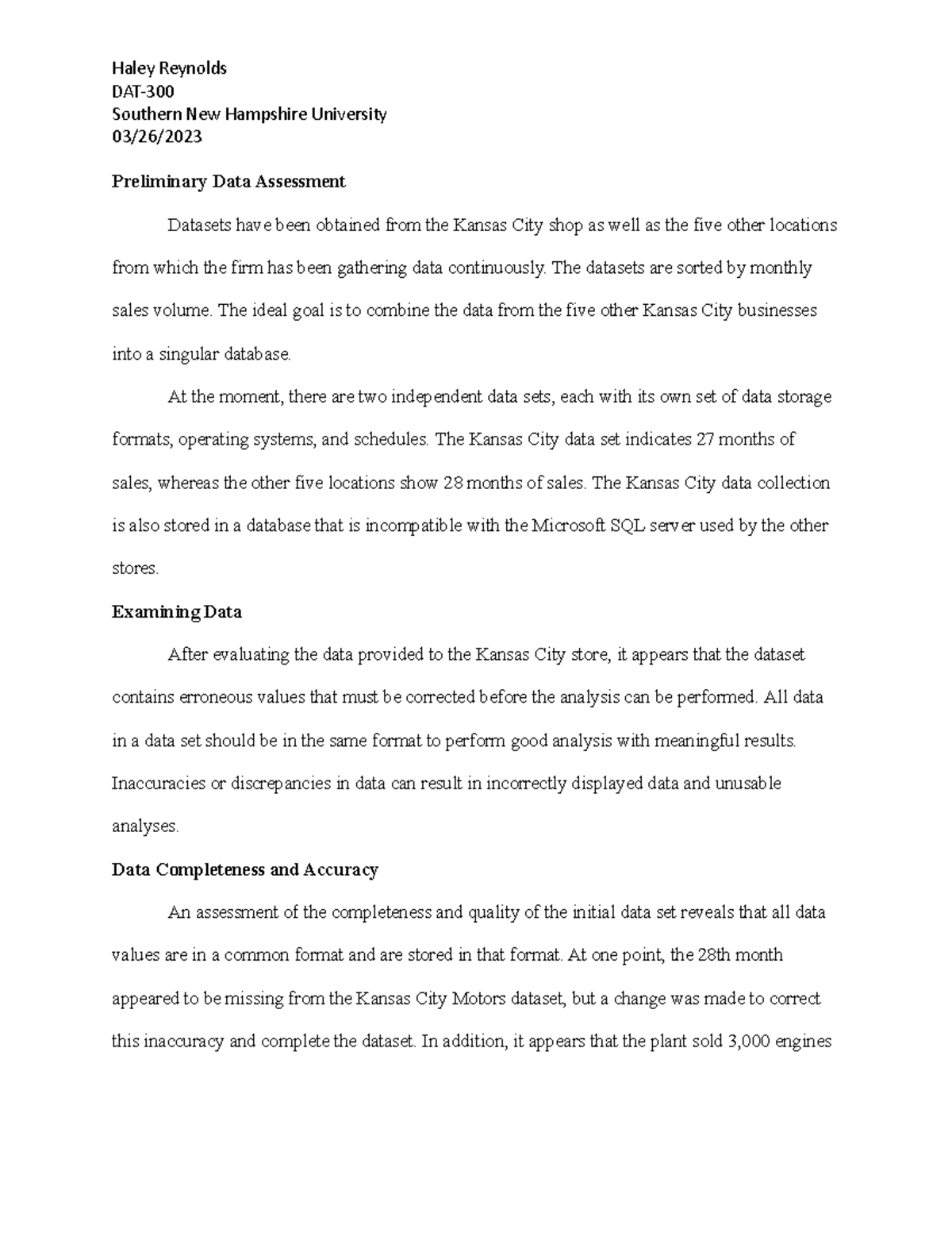 DAT 300 - Project One - Preliminary Data Assessment and Analysis - Studocu