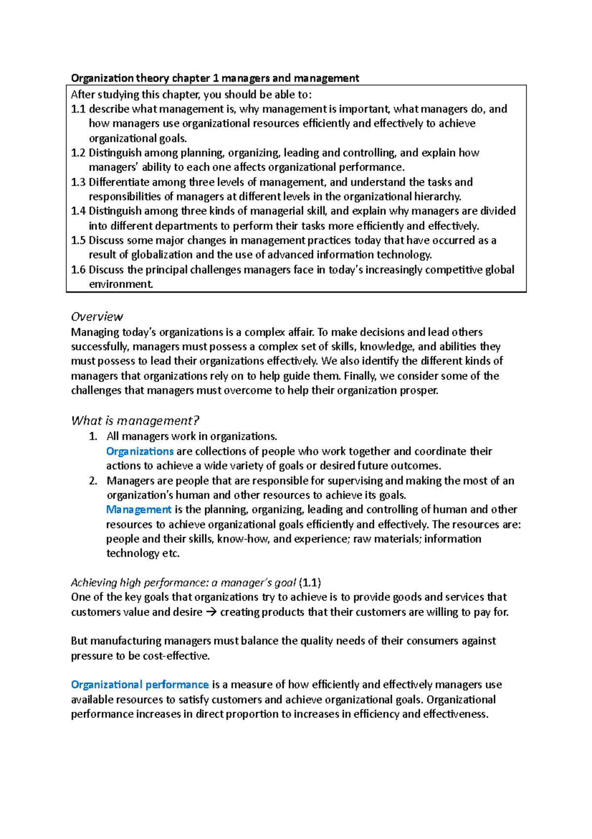 Organization Theory: Chapter 1 - Managers and Their Key Roles - Studeersnel