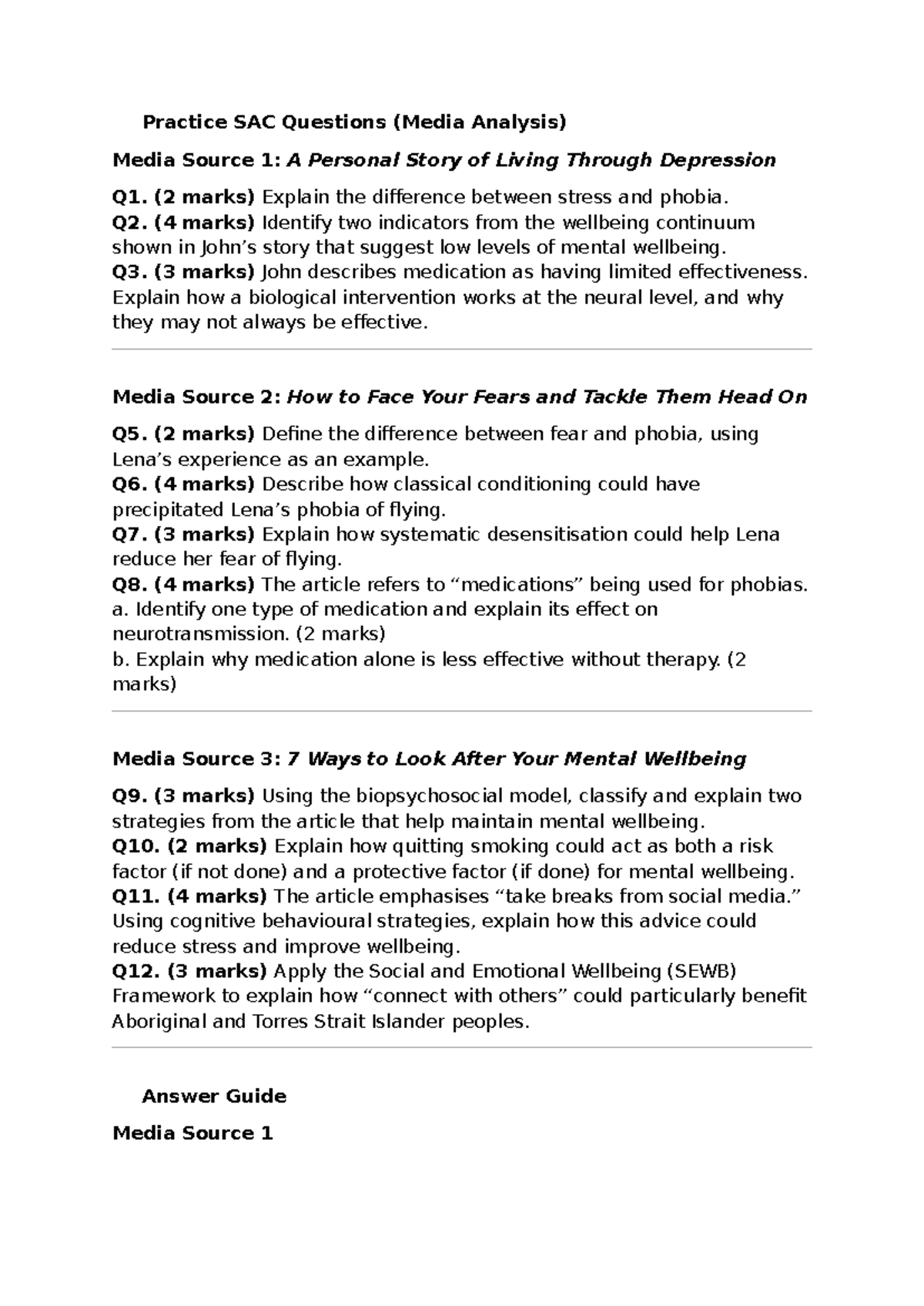 Practice SAC Questions: Media Analysis on Mental Wellbeing - Studocu