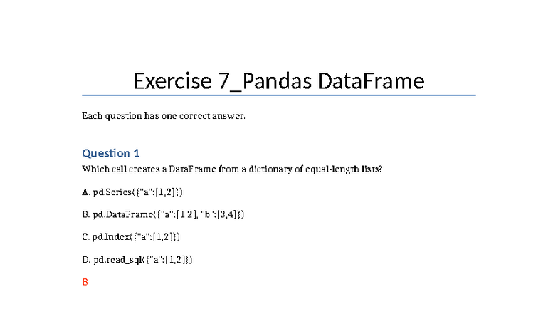 Exercise 7: DataFrame Quiz Questions and Answers - Studocu