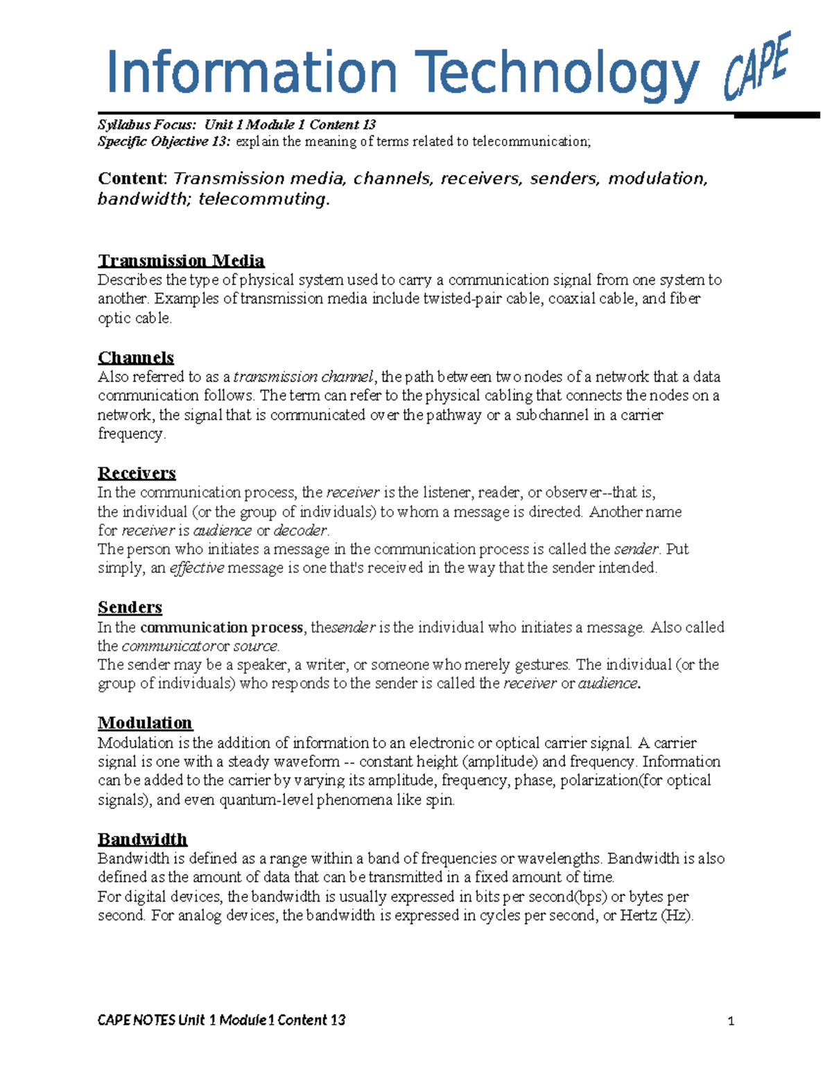 CAPE Notes: Unit 1 Module 1 - Transmission Media & Communication Terms ...