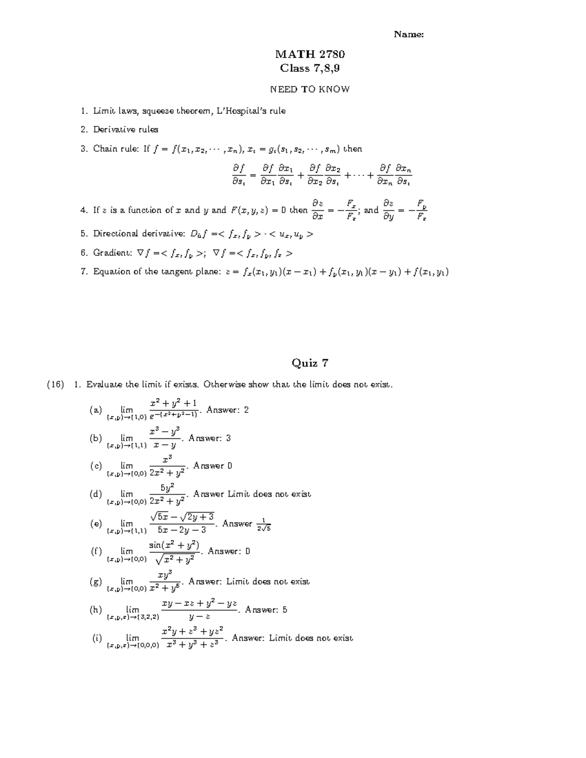 MATH 2780 Quiz 7: Key Concepts & Limit Evaluations - Studocu