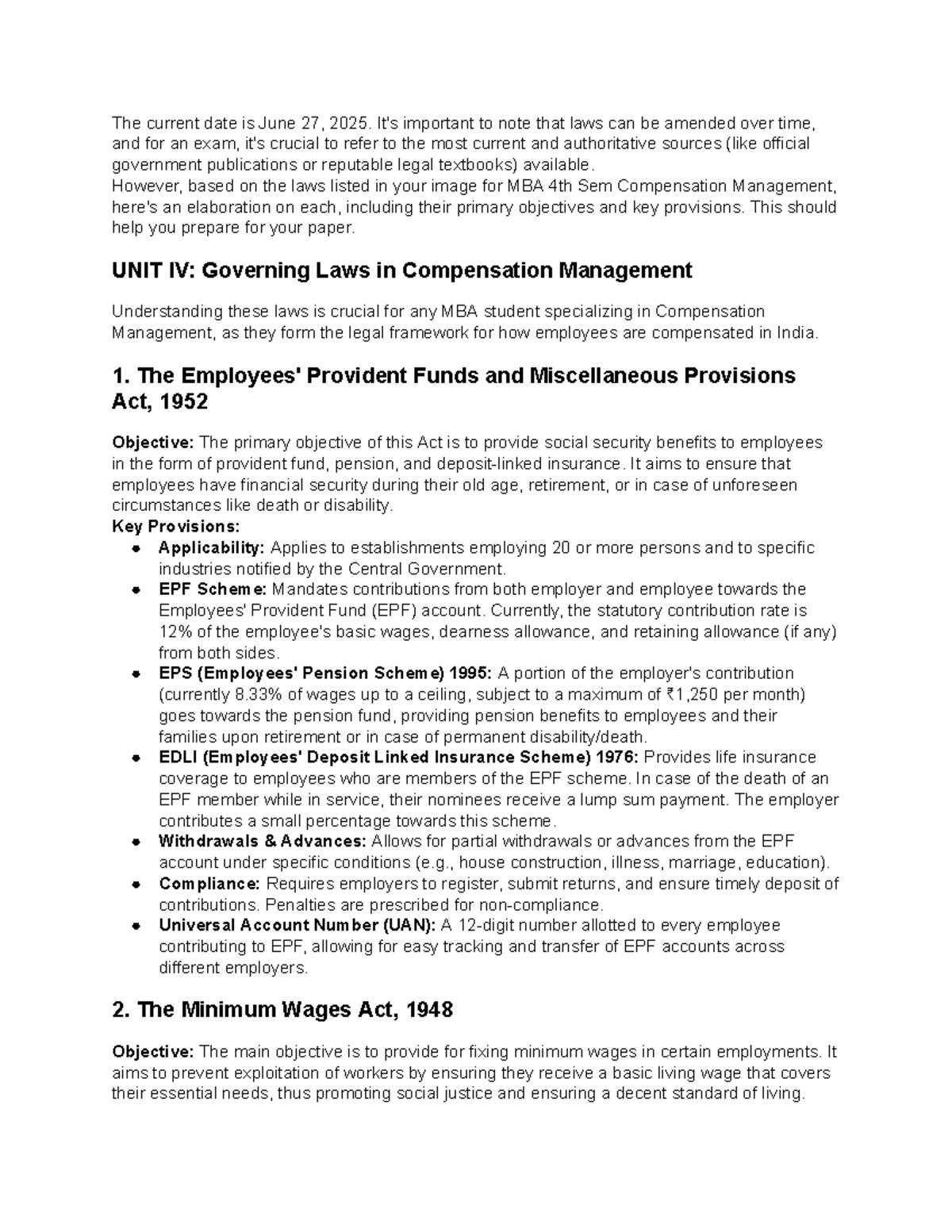 MBA 4th Sem Compensation Management: Governing Laws Overview - Studocu