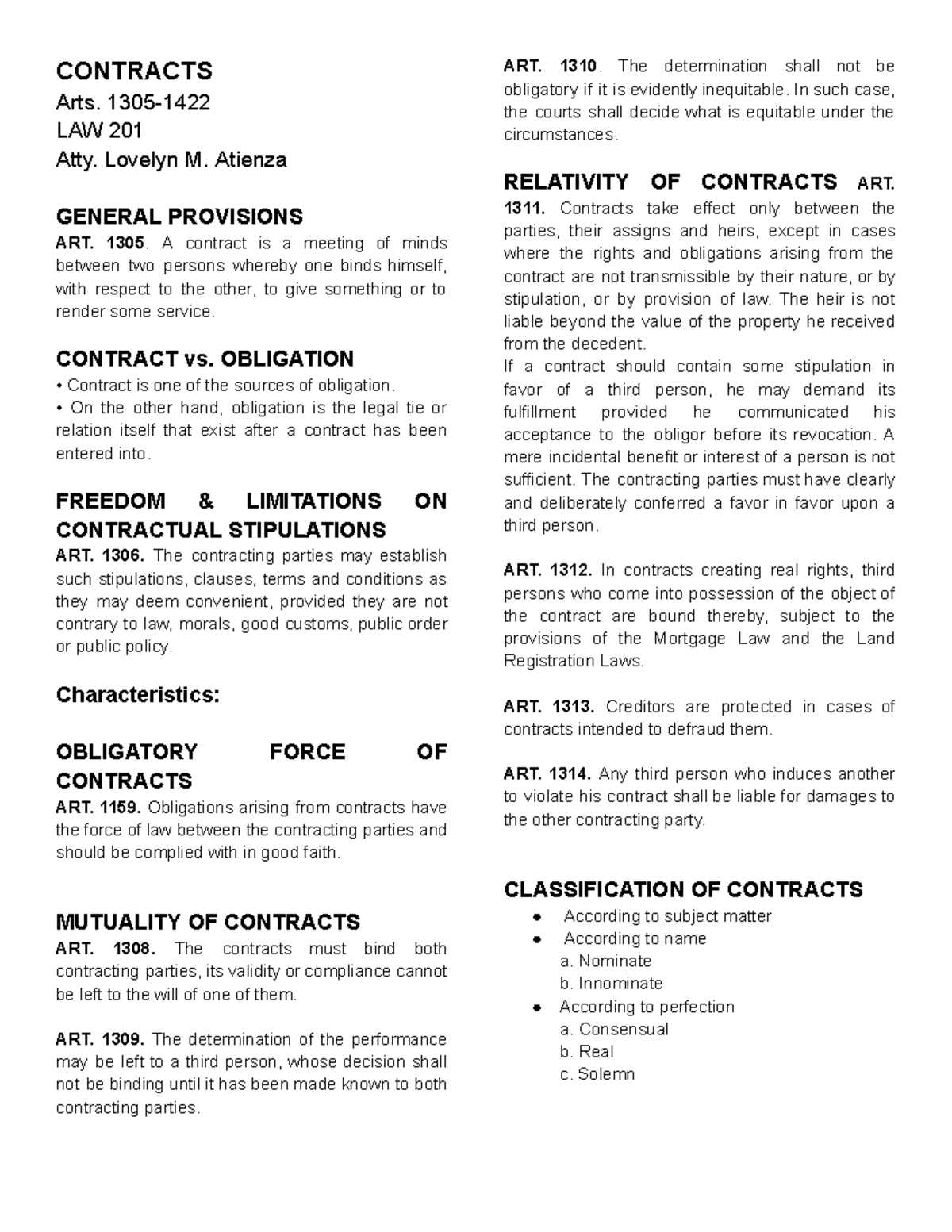 LAW 201: Final Exam Notes on Contracts and Obligations - Studocu