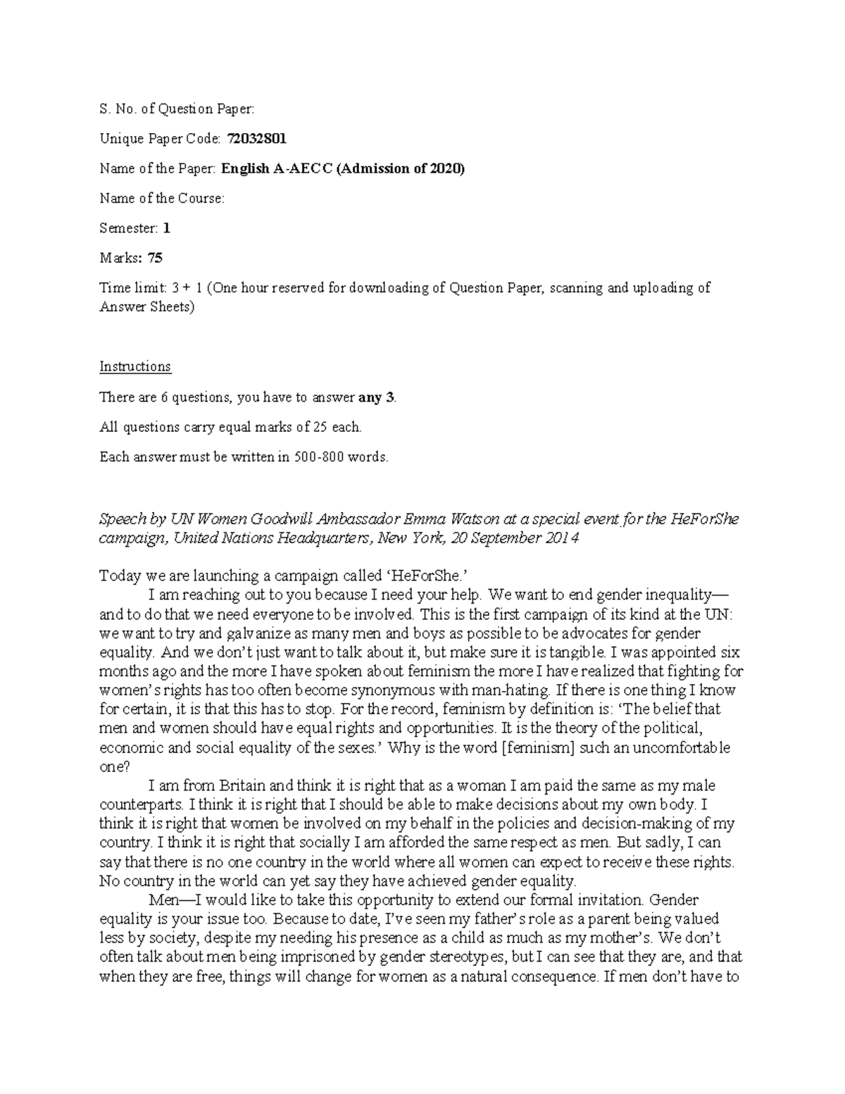 Sem1 AECC March 2021 English Question Paper & Instructions - Studocu