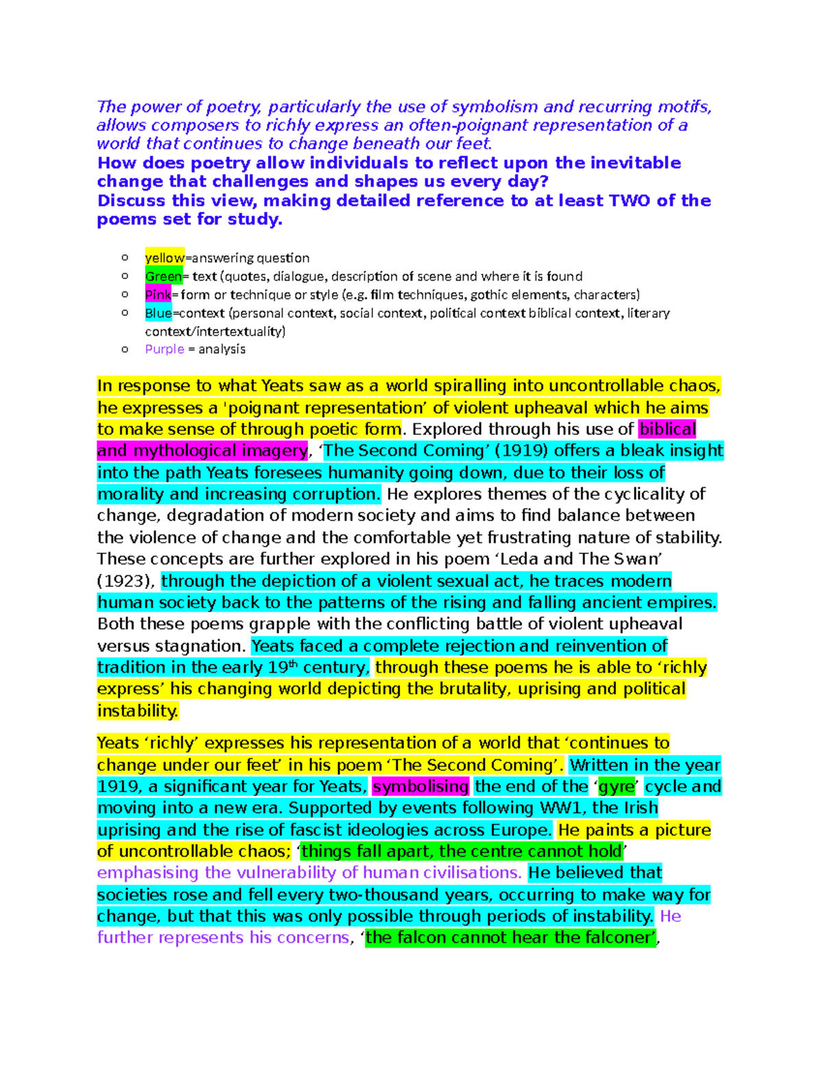 Yeats Practice Essay: Exploring Change Through Poetry and Symbolism ...