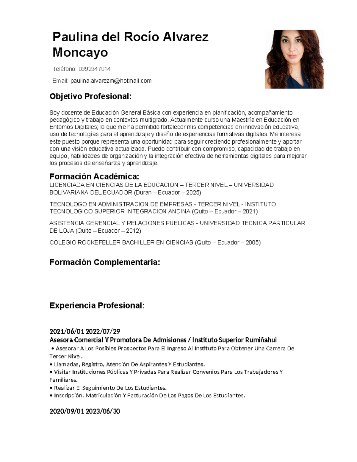 CV Profesional de Paulina del Rocío Alvarez Moncayo - Educación - Document Preview