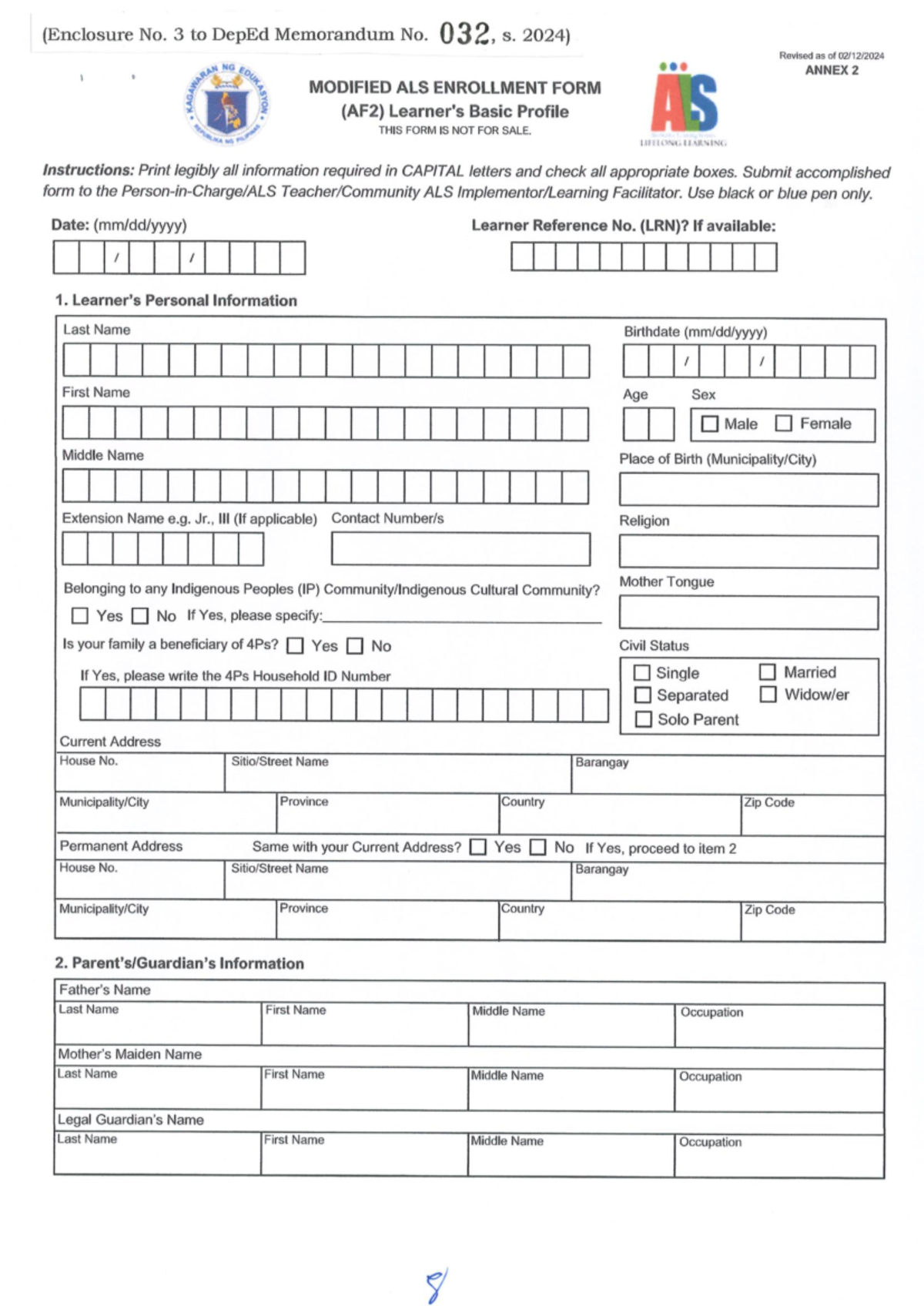Revised ALS Enrollment Form (AF2) - DepEd Memo No. 032, S. 2024 - Studocu