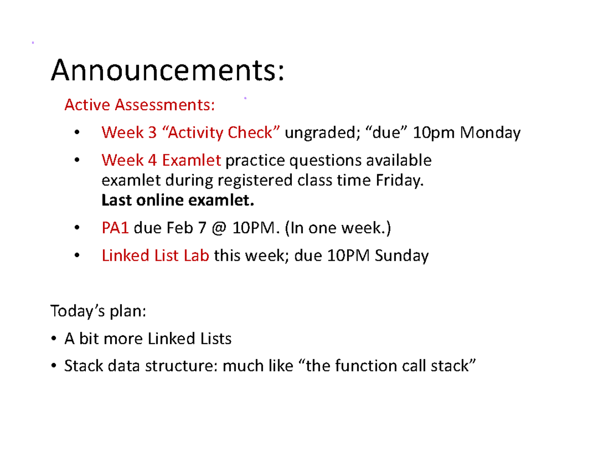 CPSC 310: Week 4 Examlet & Linked List Lab Notes - Studocu