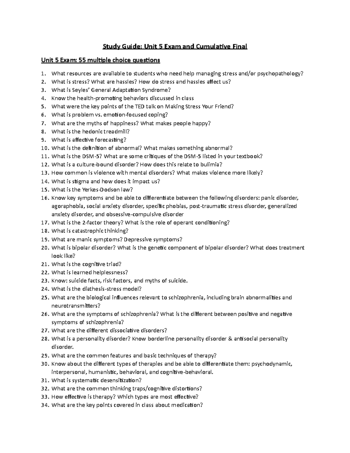Unit 5 & Cumulative Final Exam Study Guide for PSY 101 - Studocu