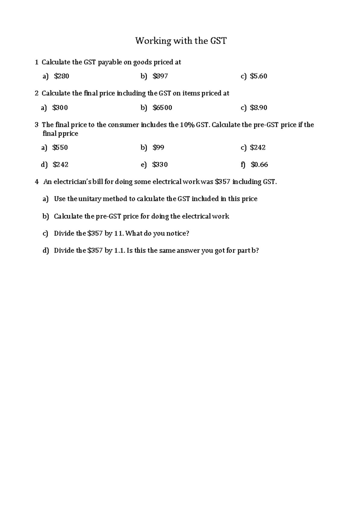 GST Calculations and Final Pricing - Financial Maths - Studocu