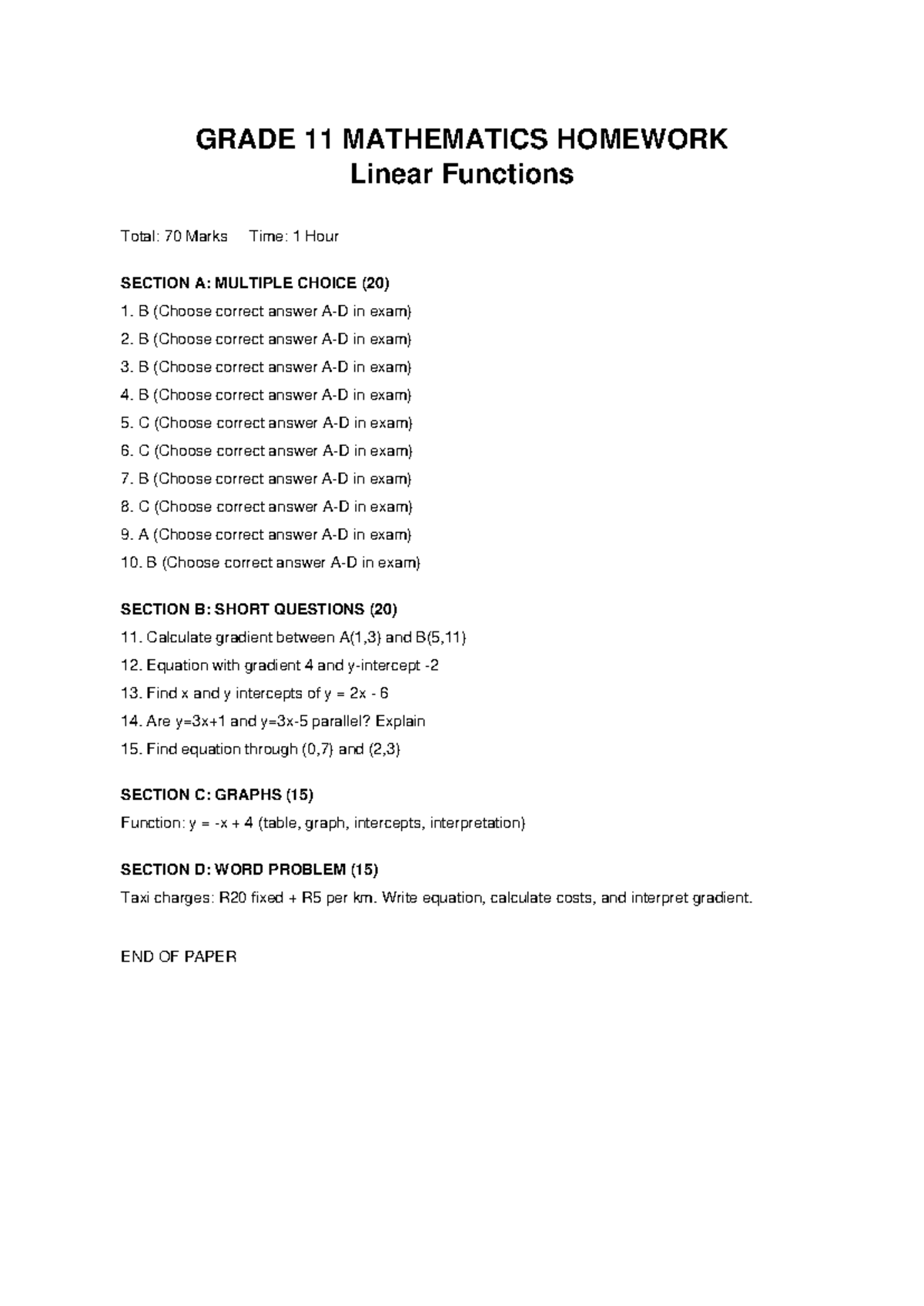 Grade 11 Math Homework: Linear Functions (Total 70 Marks) - Studocu