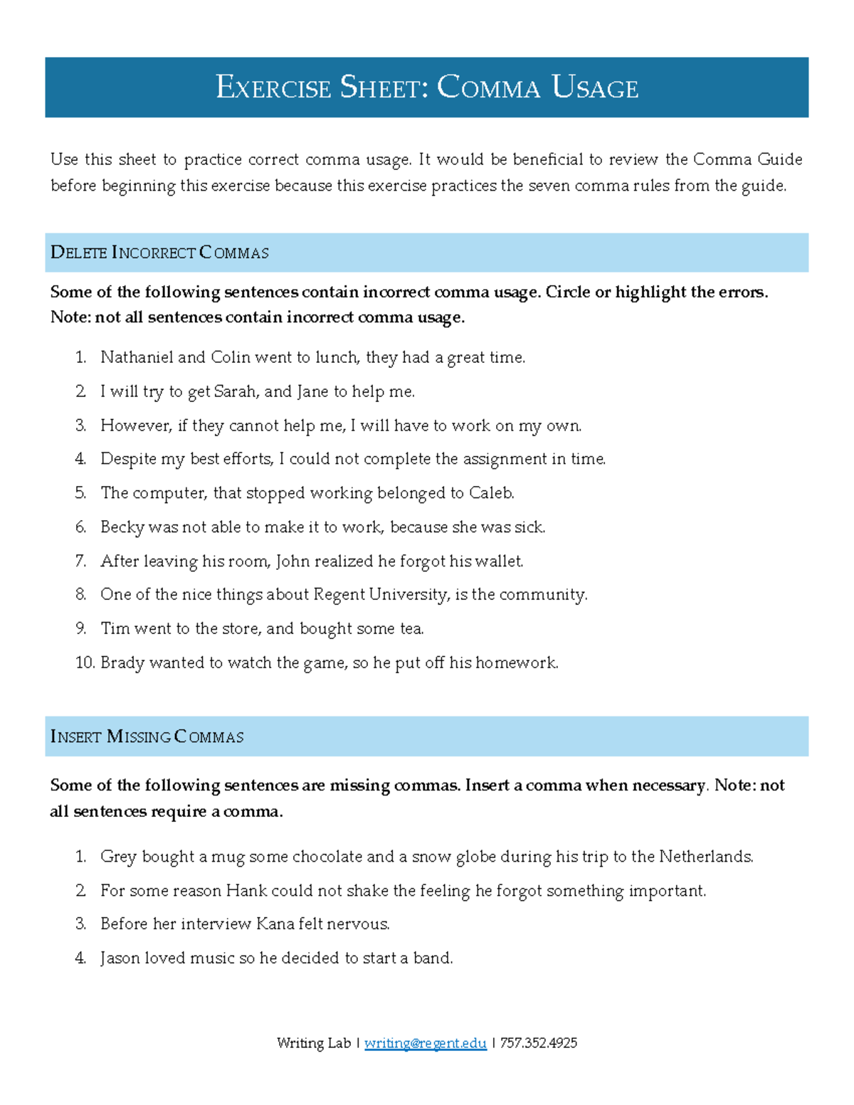 Regent Writing Lab: Comma Usage Exercise Sheet - Studocu