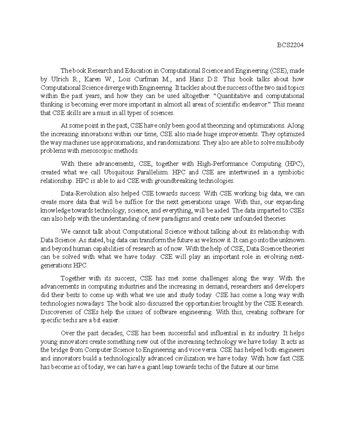 BCS2204 Book Review: Research & Education in CSE - Studocu