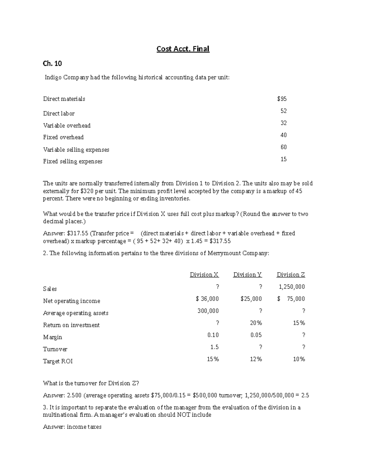 Cost Acct. Final Exam - Comprehensive Practice Materials - Studocu