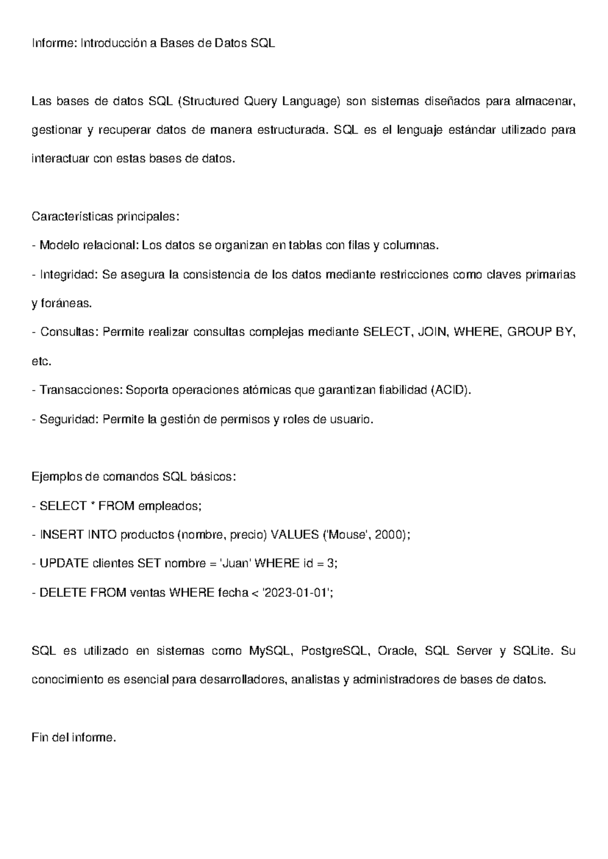 Informe: Introducción a Bases de Datos SQL y Comandos Básicos - Studocu