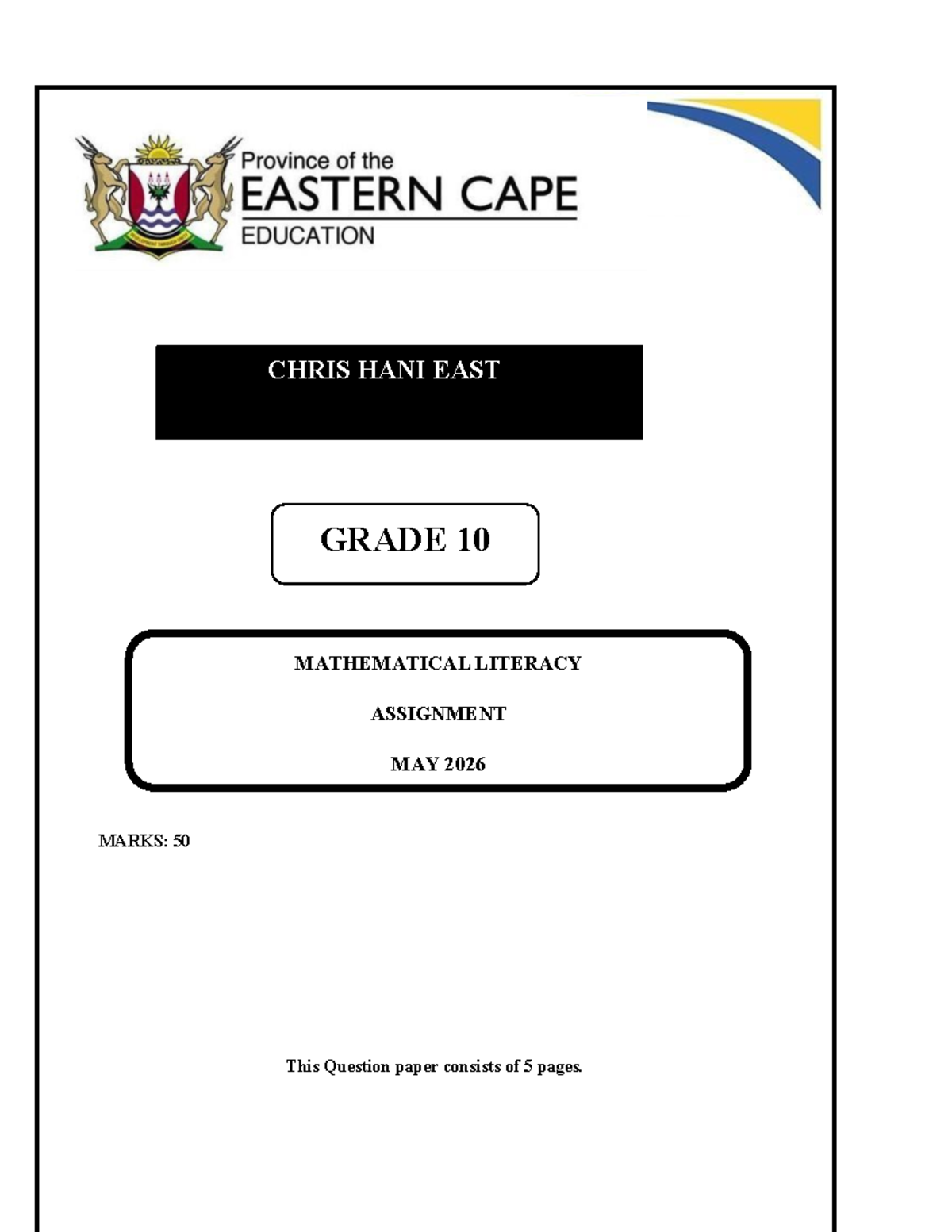 Grade 10 Mathematical Literacy Assignment (CHE Term 2) - May 2026 - Studocu