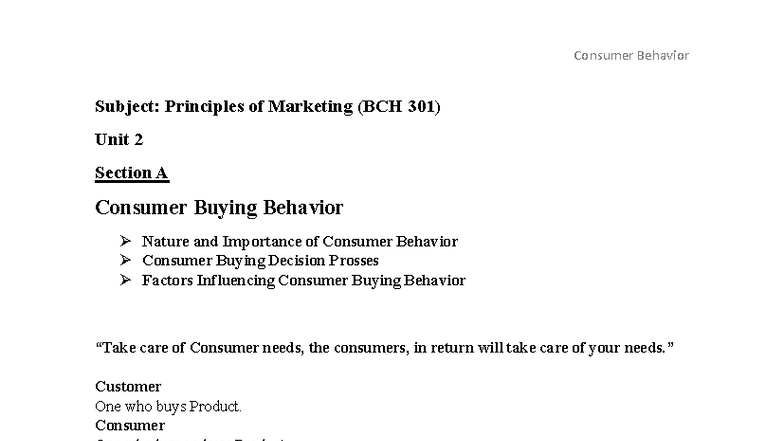 Principles of Marketing (BCH 301) - Unit 2: Consumer Behavior Notes ...
