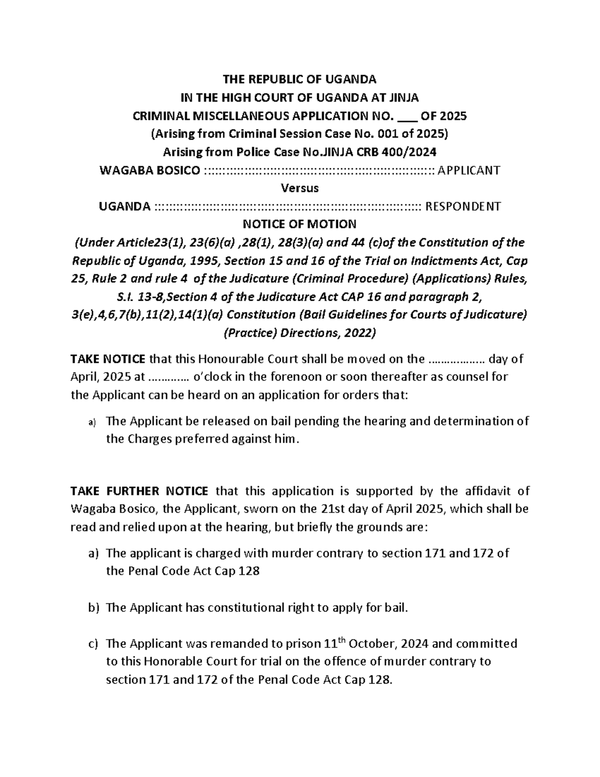 Bail Application & Written Submissions: CRIMINAL MISC. APP. 2025 at ...