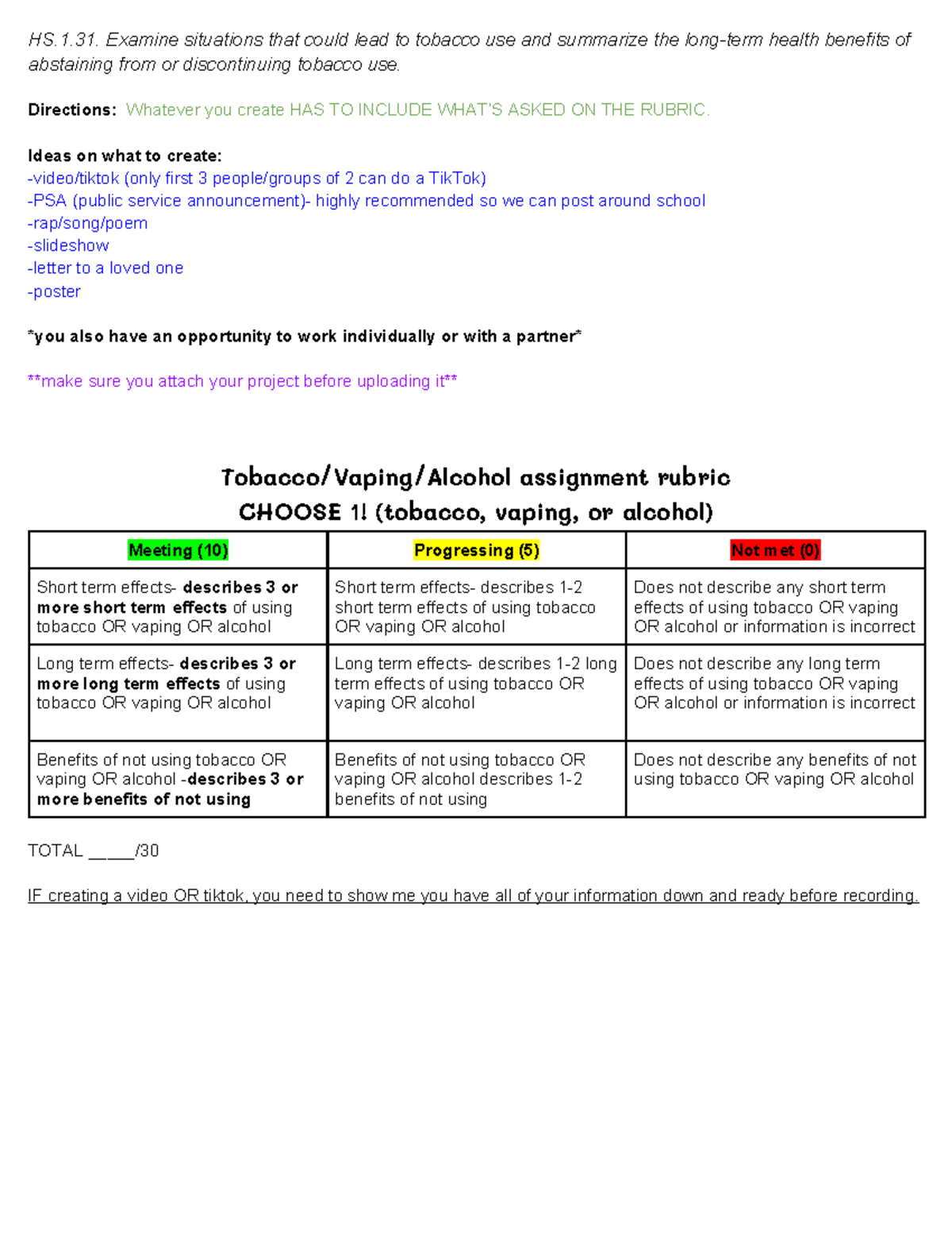 Tobacco/Vaping/Alcohol Assignment Rubric (HS.1) and Project Guidelines