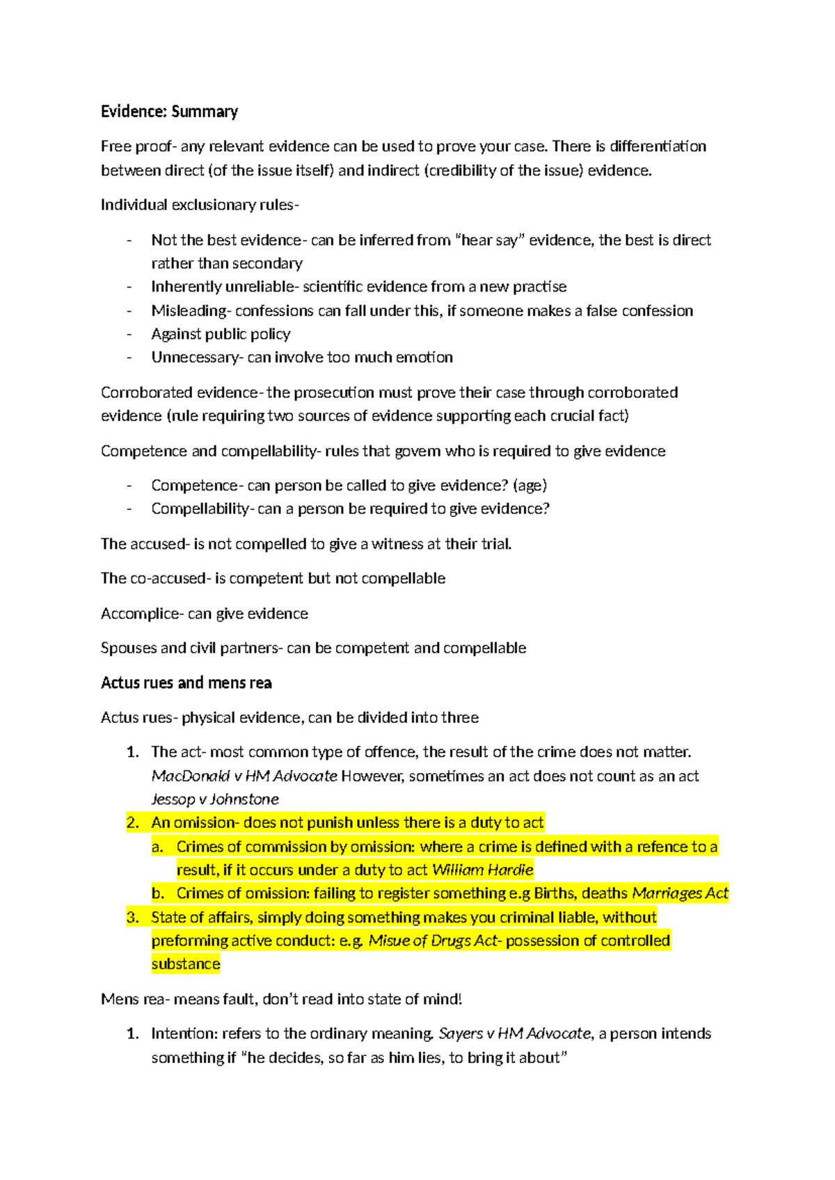 Criminal Law and Evidence Revison Sheet - Evidence: Summary Free proof ...