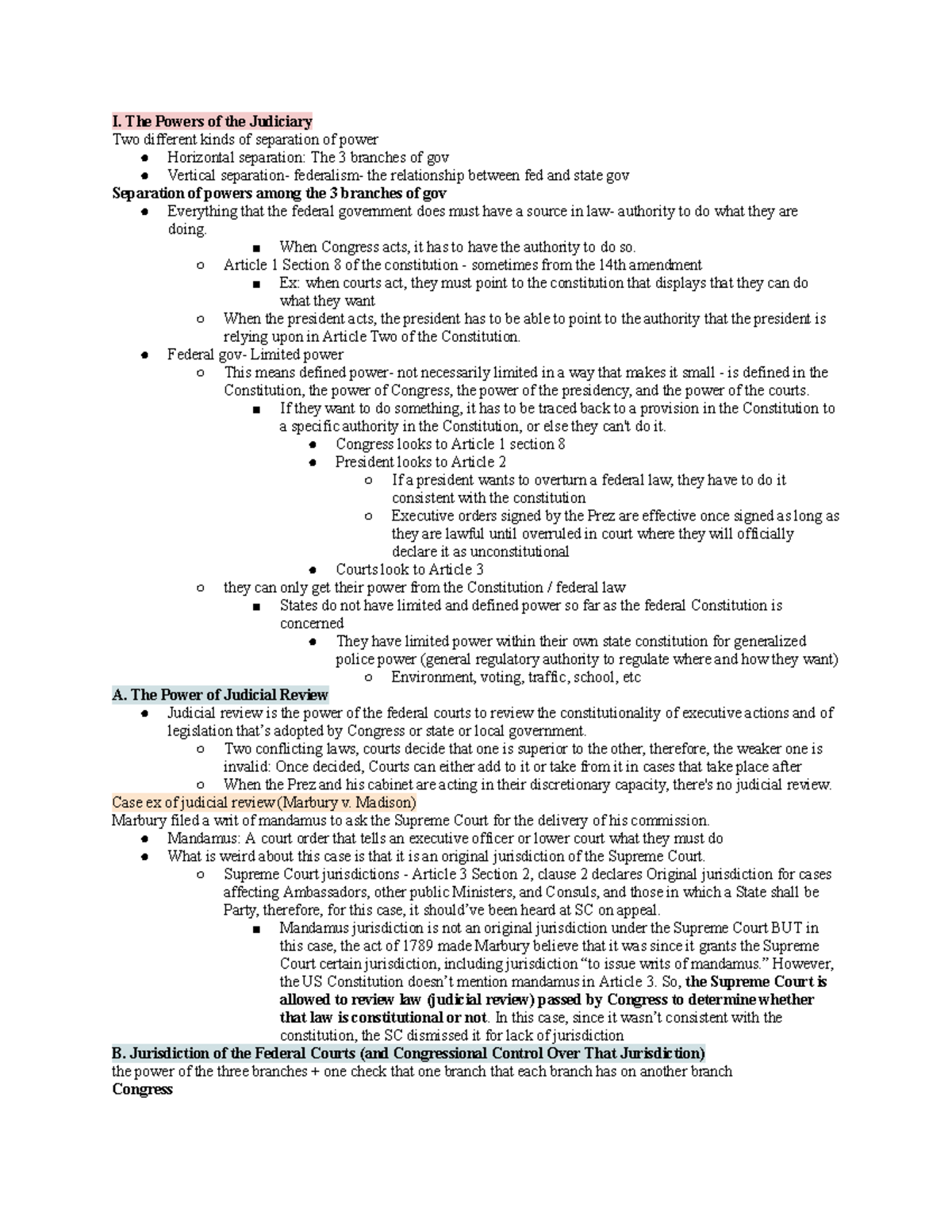 Constitutional Law (Con Law) Outline: Powers of Judiciary & Separation ...