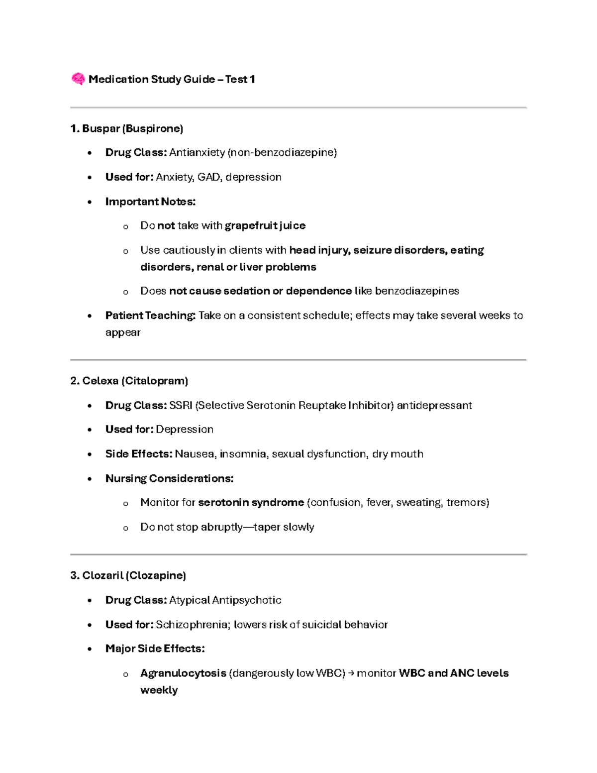 Medication Study Guide: Antidepressants & Antipsychotics Test 1 - Studocu