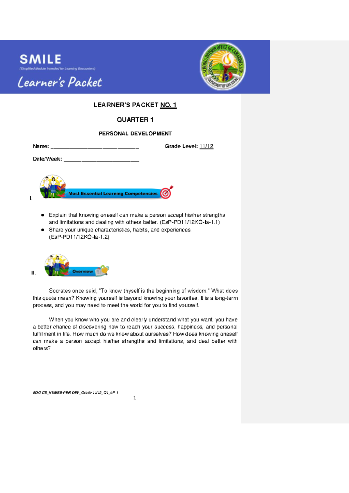 SDO CS HUMSS - Personal Development Grade 11/12 Q1 Learner's Packet 1 ...
