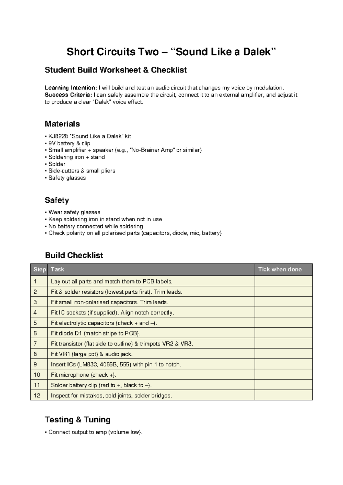 Short Circuits 2 KJ8228 Audio Circuit Build Checklist - Studocu