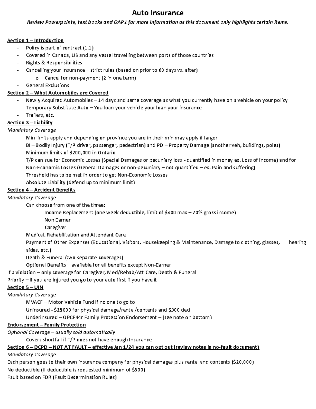 Auto Insurance Overview: Key Points & OAP1 Insights - Studocu