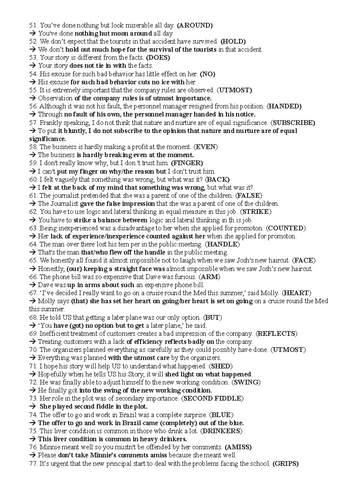 Idioms and Their Meanings: 51-150 (ENG 101) - Studocu