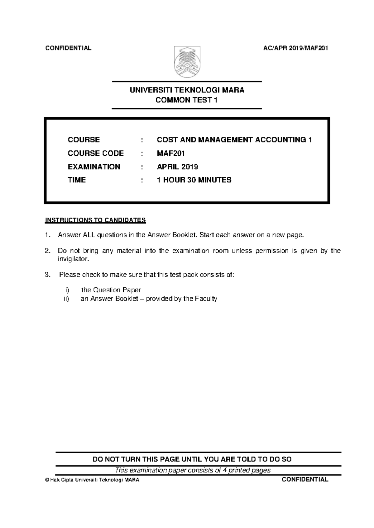 Common Test MAF201: Cost & Management Accounting Qs - Apr 2019 - Studocu