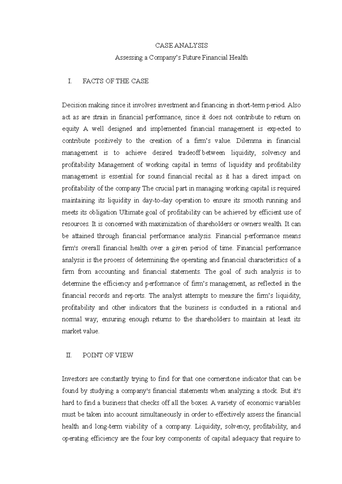 Special Topics IN Financial Management CASE Analysis Assessing Companys ...
